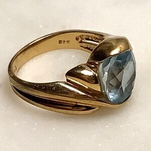 Oval Cut Blue Topaz Ring CZ Accent Sterling 925 Vermeil Gold Plated - Size 7.5